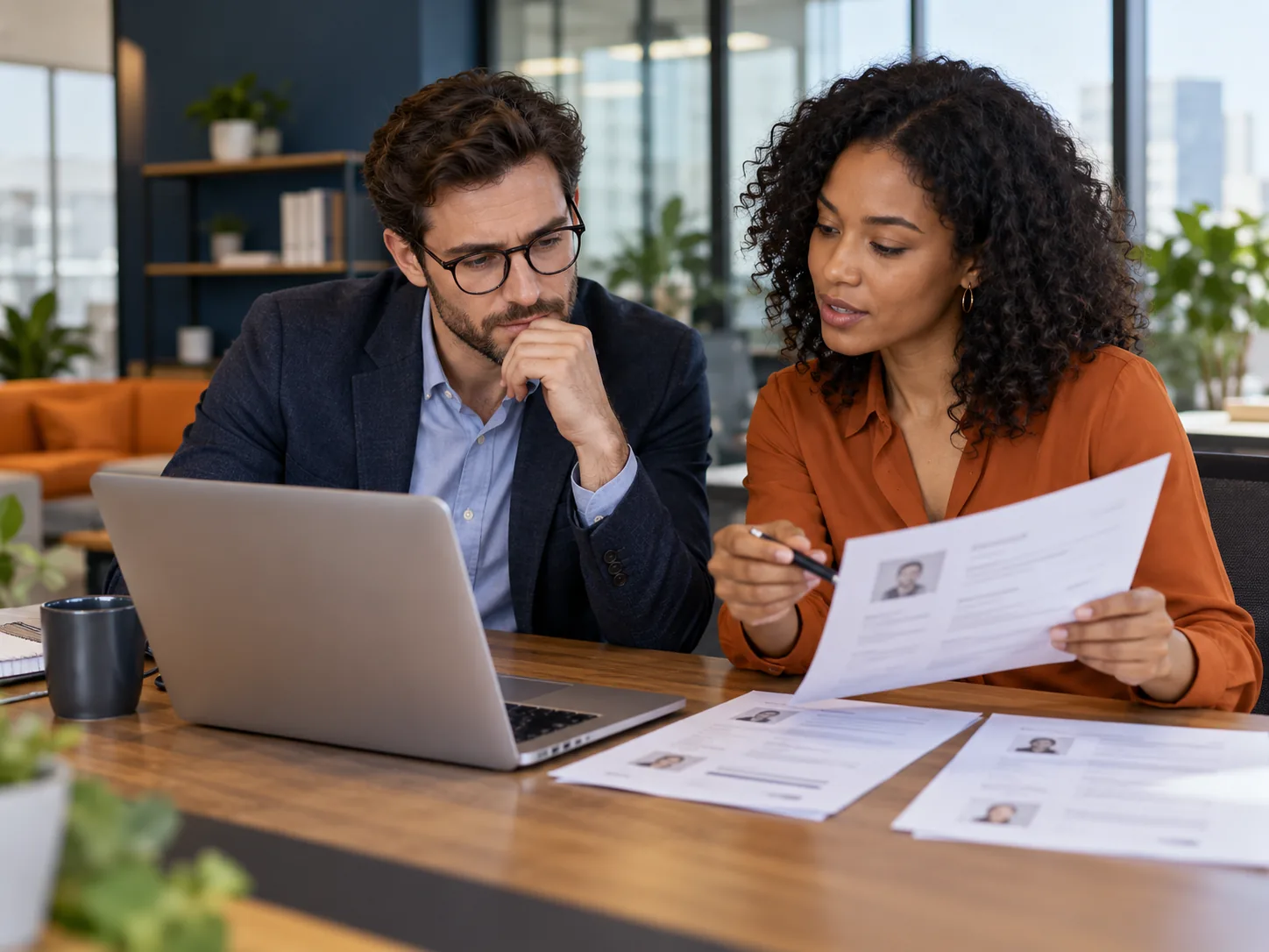 Two hiring colleagues reviewing applicants together